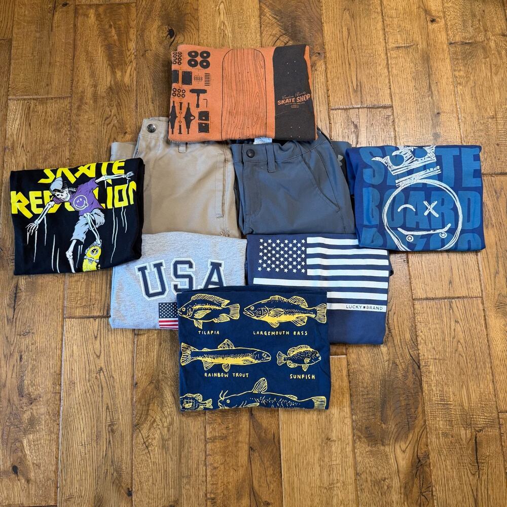 Lot of 8 Boys Summer T Shirts Size 7/8 Skateboard, Fishing, Hurley, Shorts, USA